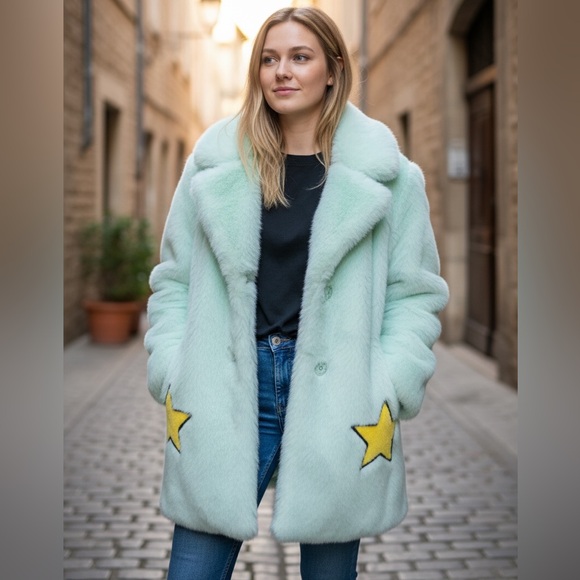 Topshop Sky Blue Teddy Jacket with Yellow Star size 6 - Picture 2 of 13